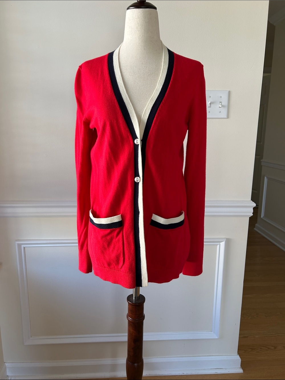 Talbots Red Cardigan with Cream and Black Trim